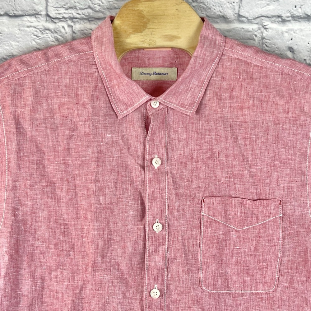 Tommy Bahama Men Button Up Pink Long Sleeve‎ 100% Linen Shirt Pocket Size 2XL